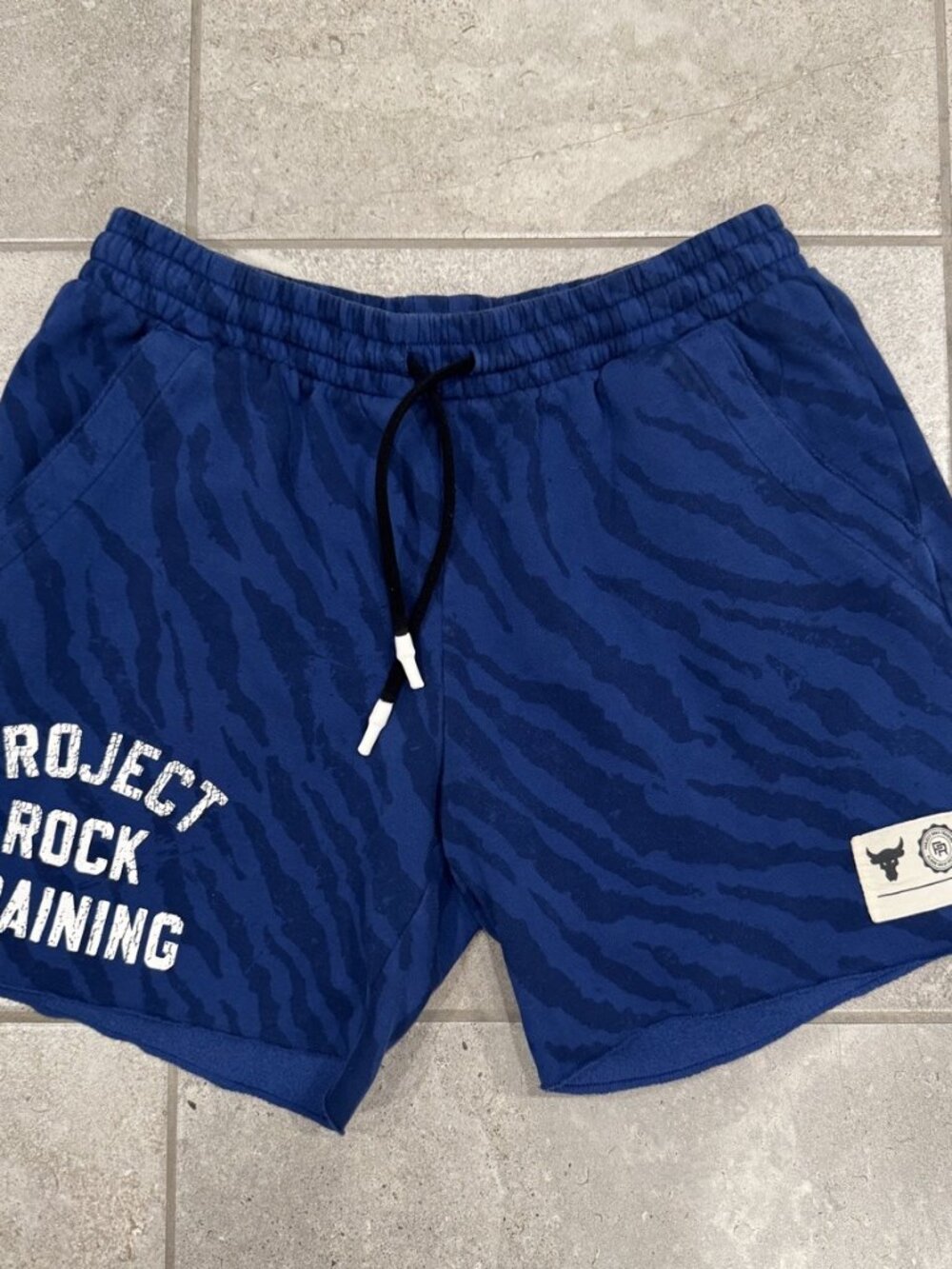 Under Armour Project Rock Training Fleece Shorts Mens XL Blue Zebra Print